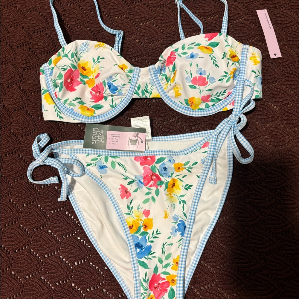 wild fable Floral Gingham Trim Bikini Set - White with Pink, Yellow, Blue